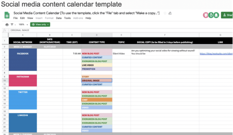 A social media content calendar template